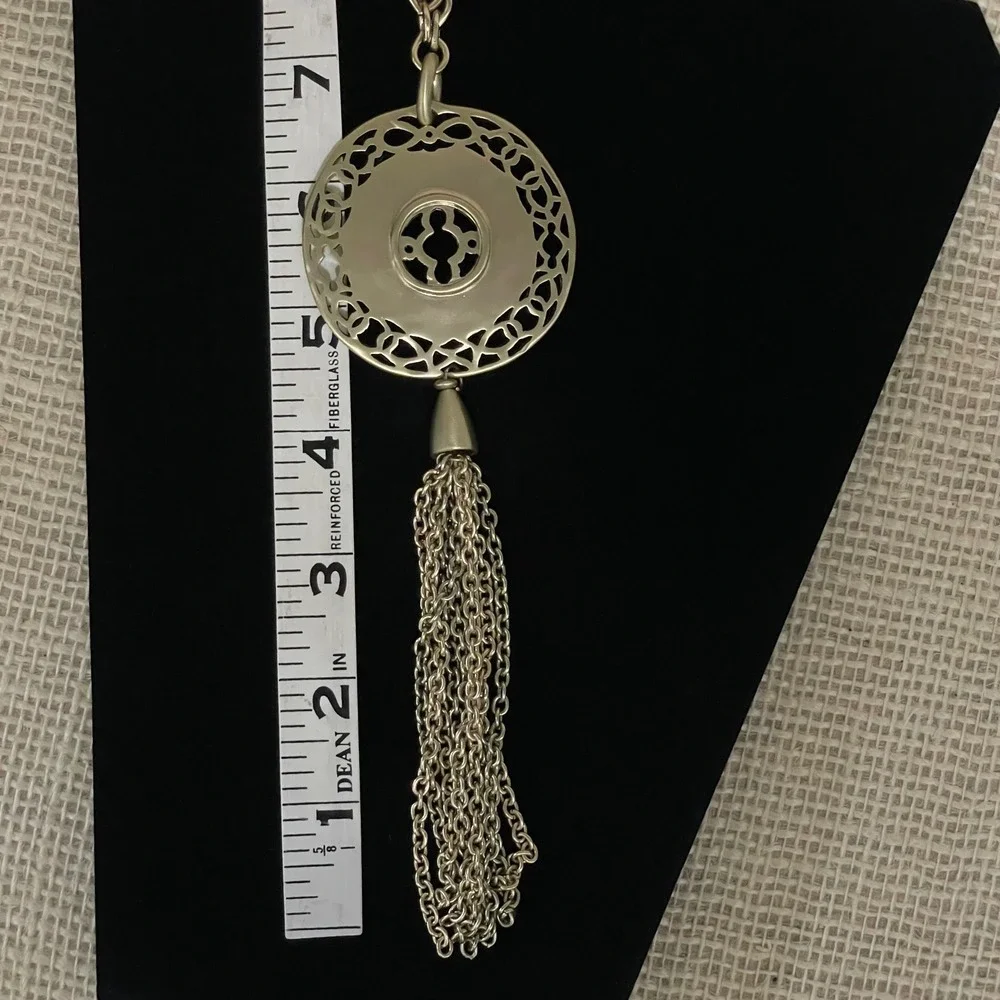 Chicos Gold Tone Round Filigree Tassel Pendant Necklace, Round link, 32 in & adj